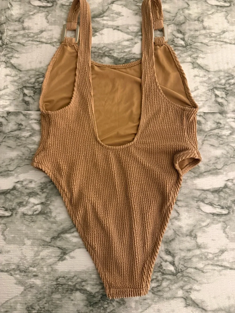 NWT Aerie Shimmery Crinkle Birthday Scoop Cheekiest One Piece w Buckle Tan large - Picture 4 of 6
